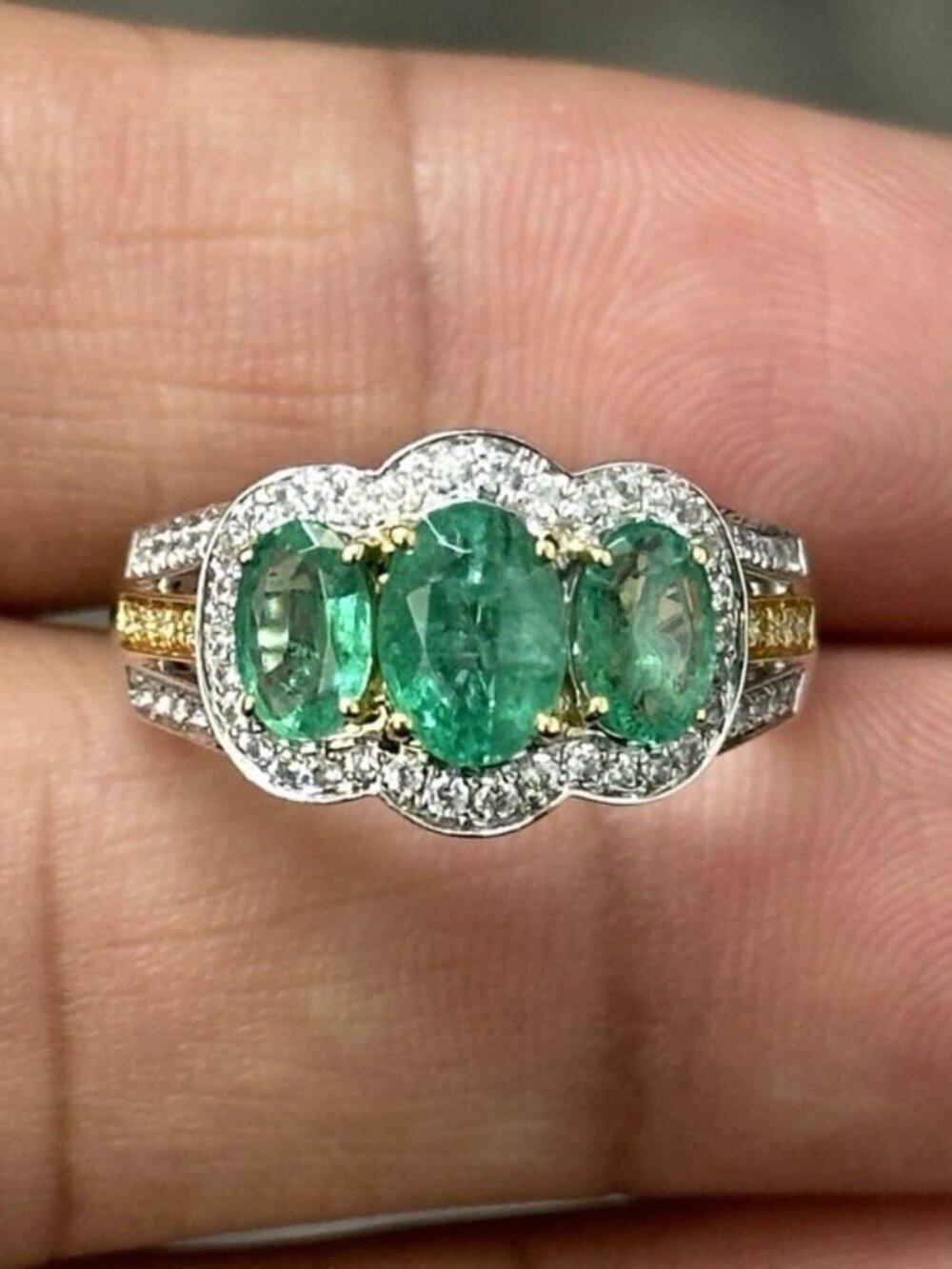 10K White Gold Natural Emerald & Diamond Ring - Size 7